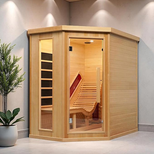 Corner Sauna 1 Person, Infrared Wooden Sauna, Luxurious Canadian Hemlock Home Saunas, 2300 W 8 Heating Element, Low EMF Full Size Indoor Spa(Left Recliner)