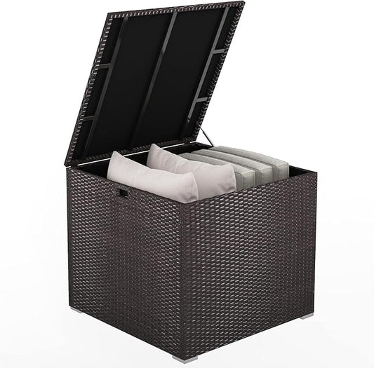 HAPPYGRILL Outdoor Storage Deck Box, 72 Gallon Square Wicker Patio Rattan Storage Container with Zippered Liner & Safe Pneumatic Rod, Outdoor Wicker Deck Box for Garden Tools Cushions