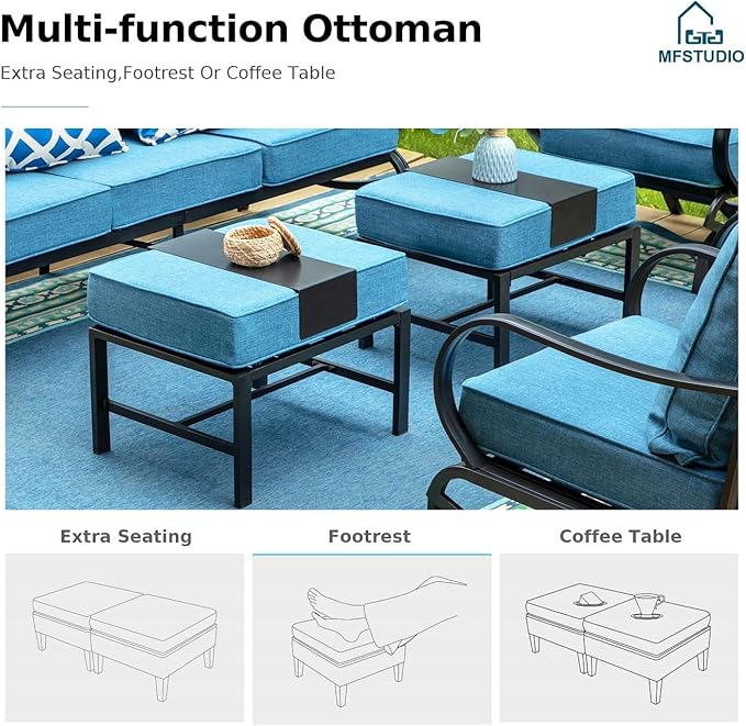 MFSTUDIO 6 Pieces Patio Furniture Sets with 45" Gas Fire Pit Table(Up to 7 Seat),Outdoor Metal Frame Patio Conversation Sofas with 1 x 3-Seat Sofa, 2 Swivel Chairs and 2 Ottoman, Navy Cushion