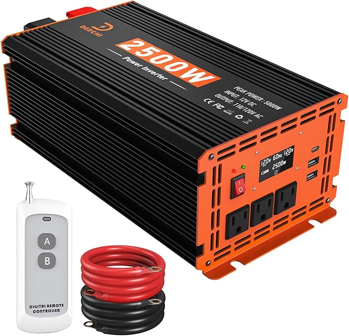 2500W Power Inverter 12V DC to 110V/120V AC Converter for RV/Truck/Boat/Camping/Off-Grid Solar Car Power Inverter Peak Power 5000W with 3 AC Outlets,USB & Type-C Port, Remote Controller & LCD Screen