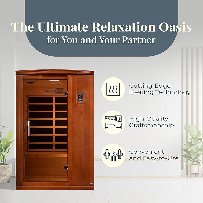 DYNAMIC SAUNAS Venice Elite 2-Person Ultra Low EMF FAR Infrared Sauna with Red Light Therapy & Bluetooth Speakers | Personal Indoor Dry Heat Sauna for Home & Gym – Made from Canadian Hemlock