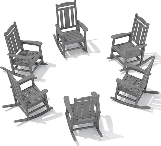 SERWALL Outdoor Rocking Chair Set of 6, Patio Rocking Chair Sets, HDPE Rocking Chair for Adults, Gray