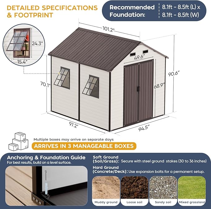 8x8x7.8 Shed with Floor, Heavy-Duty Plastic Resin Sheds & Outdoor Storage, Garden Tool Shed for Backyard, Patio, Bike Storage with Lockable Awning Windows & Reinforced Steel Frame 23-Gauage