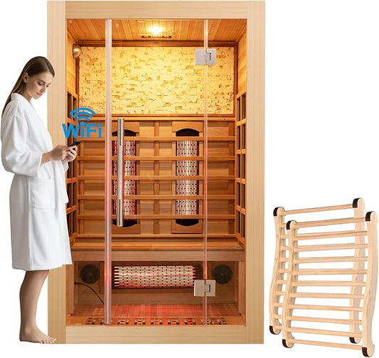 2 Person Infrared Sauna Room with Red Light Therapy, Wood Indoor Saunas Spa with WiFi Control, Oxygen Bar, Speaker, Backrest, 1800W/220V, Ideal Sauna for Gym, Home (Canadian Hemlock)