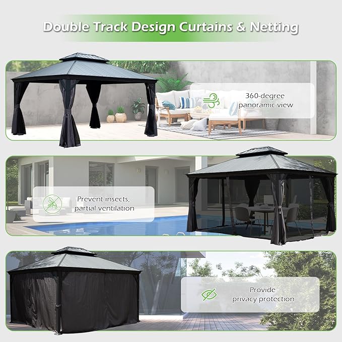 Domi 12’x14’ Outdoor Gazebo Hardtop with Gutters, Patio Gazebo Canopy with Resin & Metal Roof, Heavy Duty Permanent Pavilion for Backyard, Deck, Hot Tub, Garden, Curtains and Mosquito Netting Included
