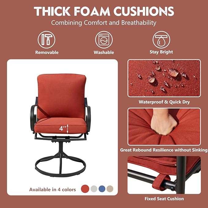 MELLCOM Patio Swivel Chairs Set of 2, Heavy Duty Outdoor Dining Chairs with Thickened Cushions, Metal Patio Chairs Gentle Rocker for Outside, Backyard, Red