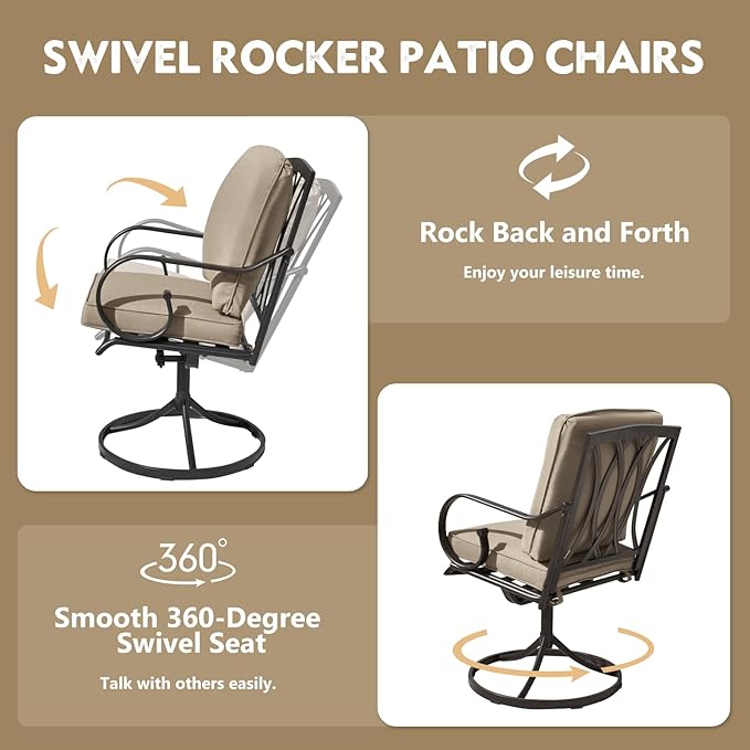 MELLCOM Patio Swivel Chair Set of 6, Heavy Duty Outdoor Dining Chairs with Thickened Cushions, Metal Patio Chairs Gentle Rocker for Outside, Garden Lawn & Porch, Backyard, Khaki