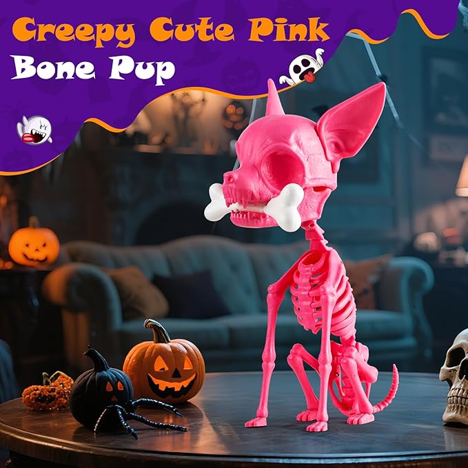 Quntis Halloween Skeleton Dog Decor - 15inch Pink Cute Puppy Bones - Realistic ABS Animal Skeleton for Outdoor Indoor Graveyard Party Display, 2025 Showstopper Halloween Decorations