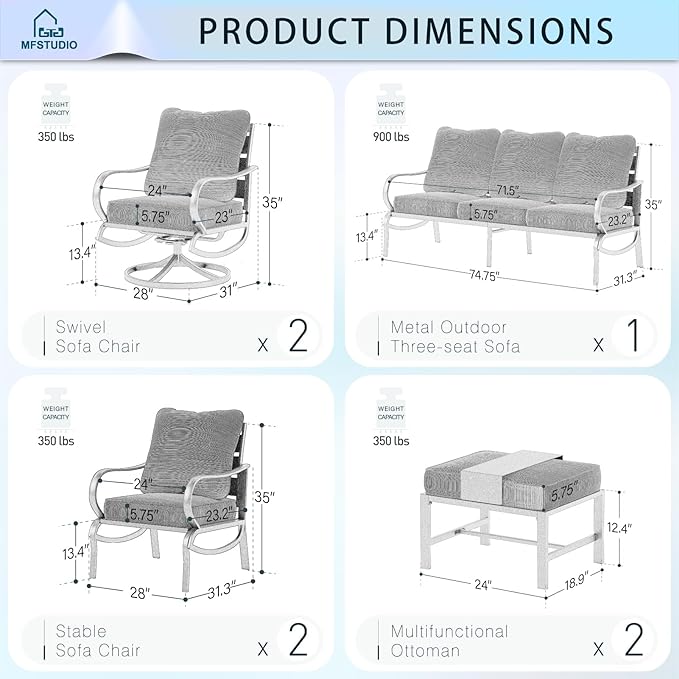 MFSTUDIO 7 Pieces Metal Patio Furniture Sets, 2 Swivel Chairs, 3-Seat Deep Seating Sofa, 2 Single Couch and 2 Ottoman, All Weather 9 Seats Outdoor Conversation Set for Garden Backyard, Navy Cushion
