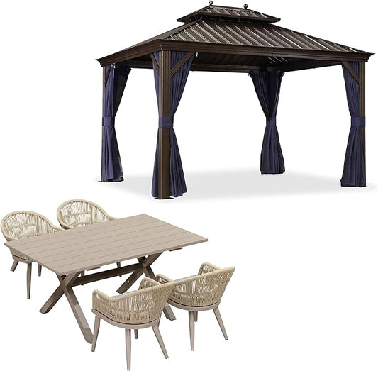 PURPLE LEAF 10' X 12' Hardtop Gazebo with 5 Pieces Wide Aluminum Frame Galvanized Steel Double Roof with Heavy Duty Netting and Curtains for Permanent Hard Top Pavilion Screen Navy Blue