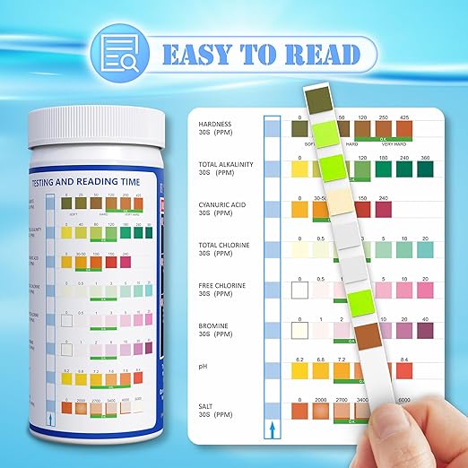 Pool Salt Test Strips - Salt Water Pool Testing Kit - 125 Swimming Pool Spa Hot Tub Test Strips - Rapid Accurate Easy to Test Hardness, Bromine, pH, Salt and More (8-Way)