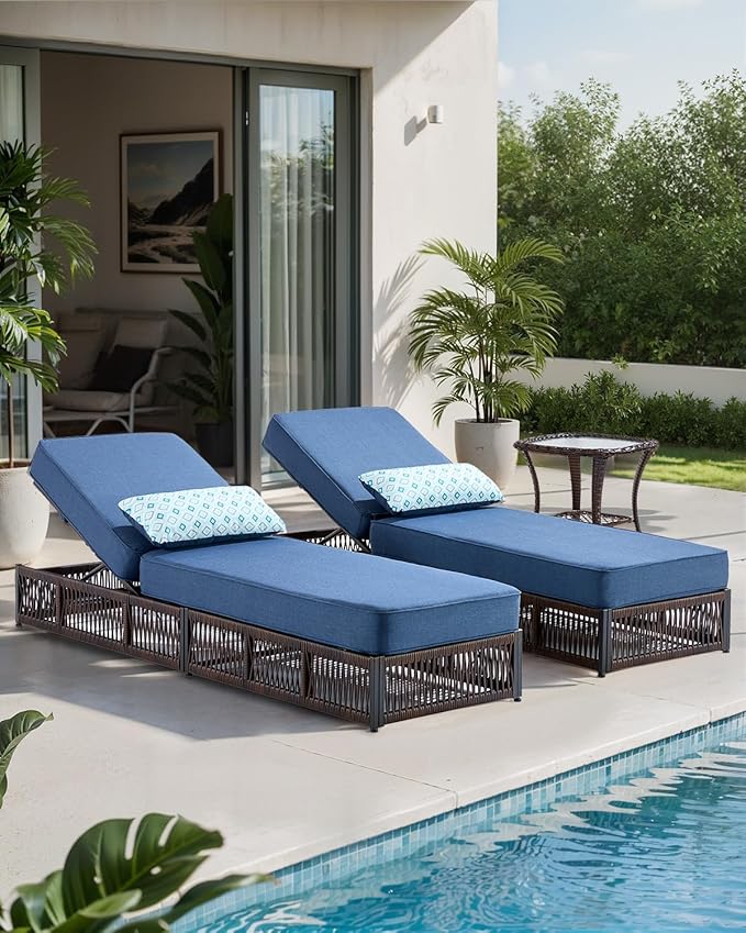 Luxury Outdoor Chaise Lounge Chairs of 2 with 5 Inch Thick Cushions and Side Table - 3 PCS High Back Brown Wicker Patio Recliners Lounger Furniture Set for Poolside Sunbathing - Navy Blue