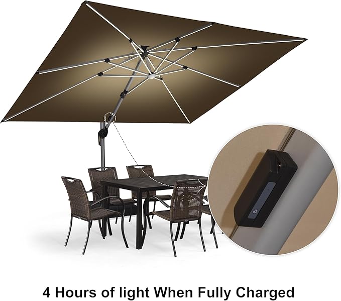 PURPLE LEAF 9' X 12' Solar Powered LED Rectangle Cantilever Umbrella With Base Patio Umbrellas Windproof Hanging Umbrella Outdoor Umbrellas Offset Umbrellas, Beige