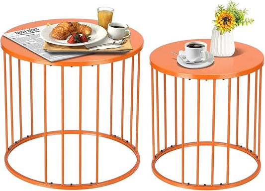 SUNNYPARK Outdoor Side Table Set of 2, Metal Circle Accent End Tables for Balcony Backyard Garden Indoor Living Room, Durable Black Nesting Coffee Tables, 20”+16” Dia