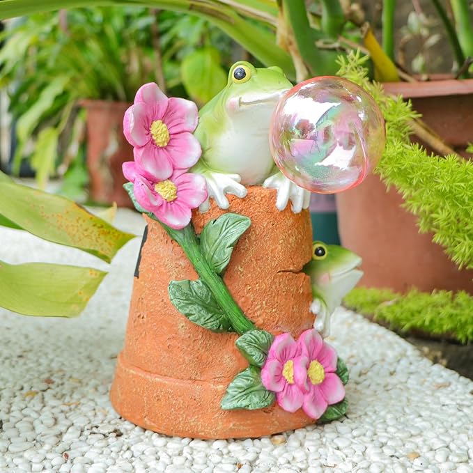 Afirst Solar Garden Outdoor Statues Frog Solar Garden Statue Blowing Bubble with Flowers Waterproof Resin Figurines Yard Outdoor Decorations for Patio Yard Lawn Ornament Gifts