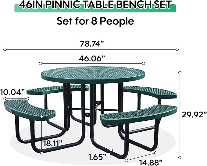 8-Person Picnic Tables for Outdoors, Industrial 46" Expanded Metal Round Picnic Table with 4 Benches & Umbrella Hole, Outside Table and Bench Set for Park, Garden, Backyard, Patio, Green