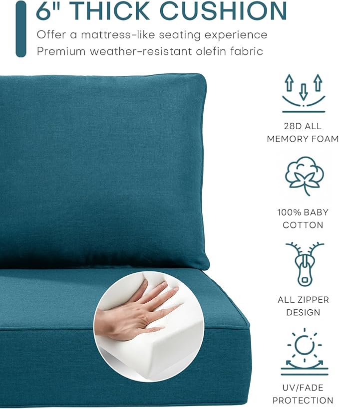 Luxury 22x24/22x25 6-Inch Outdoor Chair Cushions Set of 4 - Heavy Duty Water-Resistant Comfortable Cushion for Patio Furniture Set Dining Rocking Chairs Loveseat L-Shape Sofa - Peacock Blue