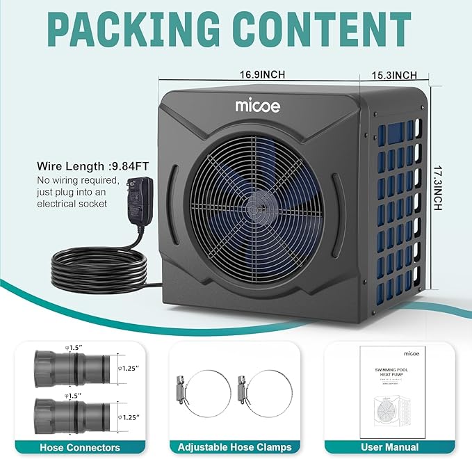 MICOE 17000 BTU Energy Efficient Electric Pool Heat Pump for Above Ground Pools Up to 15ft (8/11/15ft) & 5,000 Gallons, Swimming Pool Heater with Easy Install Kit,110V/120V