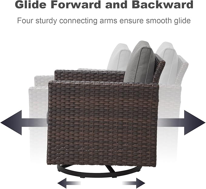Wicker Furniture Set: 7 Piece Outdoor Furniture Set with 2 Swivel Chairs, 2 Single Chairs, Coffee Table and 2 Ottomans - Brown / Grey