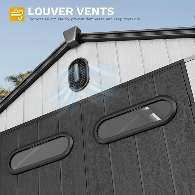 DWVO 8x8 FT Outdoor Storage Shed, 427 cuft Large Plastic Storage Shed with Floor & Lockable Door, Outside Tool Garden Shed with Windows & Vents for Patio Furniture, Lawn Mower, Bike, Black&Gray