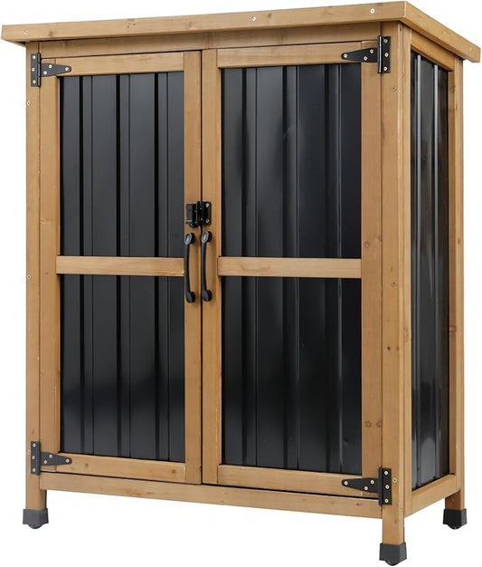 Outdoor Storage Cabinet, Small Wood & Metal Storage Shed with Lockable Doors & Adjustable Shelves, Vertical Outdoor Cabinets for Patio Backyard,Garden Tool Shed and Accessories, Brown