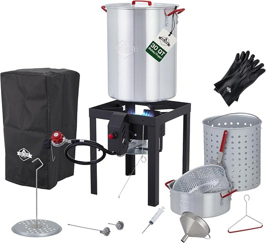 Hike Crew 50,000 BTU Outdoor Propane Turkey Fryer Kit with igniter and Stainless-steel funnel – Complete Kit Includes 30qt and 10qt pots ant strainer baskets , 12-Inch and 5-inch thermometers rack and