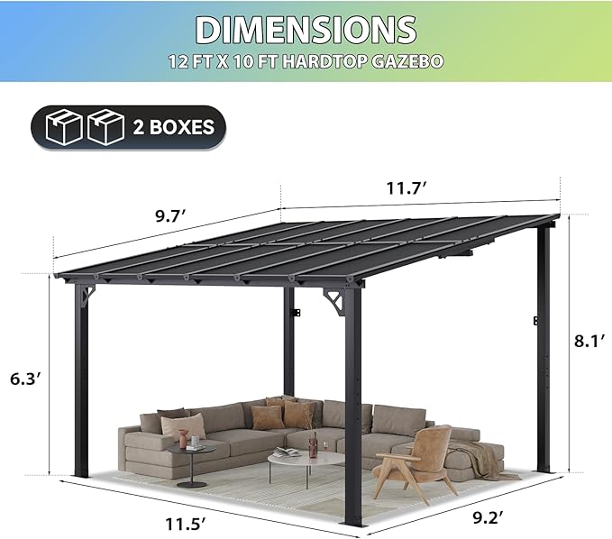 Aoxun 10’x 12’ Premium Gazebo with Aluminum Top Frame & Polycarbonate Panel, Wall Mounted Gazebos Pergola, Outdoor Patio Lean to Gazebo, Awnings with Sloped Roof, for Backyard, Porch, Deck