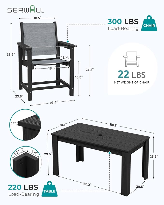 SERWALL Textilene Outdoor Dining Chair Set of 2, HDPE Frame with Textile Chair Seat, Holds up to 300 LBS, All Weather Chairs for Lawn, Garden, Yard and Poolside, Black