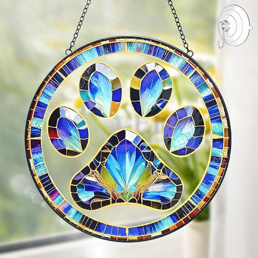 Dog Cat Paw Print Suncatcher Stained Glass Window Hanging - Handmade Stained Glass Panel Suncatchers for Windows Hanging - Sun Catchers Indoor Window Decor Memorial Catcher Remembrance Birthday Gift