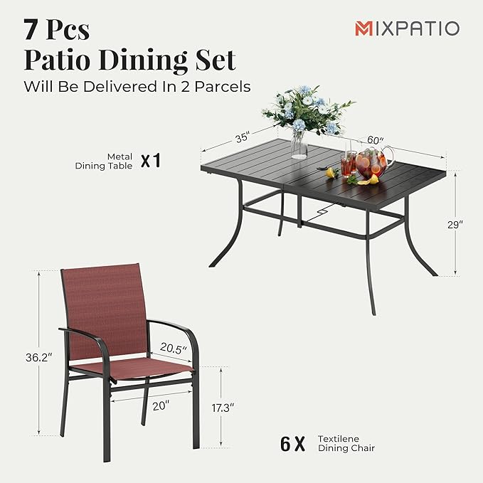 Patio Dining Set 7 Piece Outdoor Furniture Set with Metal Patio Dining Table with Umbrella Hole for Deck Garden Backyard Lawn, Red