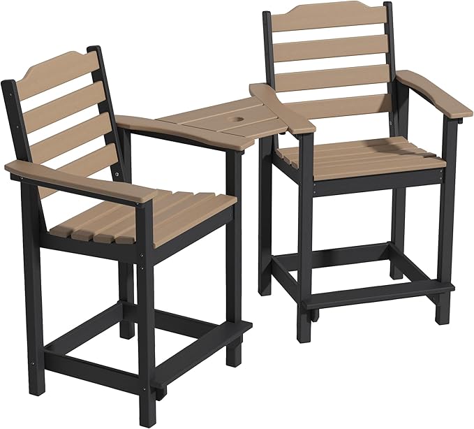 OTSUN Tall Adirondack Chairs Set of 2 with Connecting Tray, 24 inches HDPE Bar Height Outdoor Chairs, All Weather Resistant for Balcony, Porch, Kitchen (2 PCS, Black&Brown)