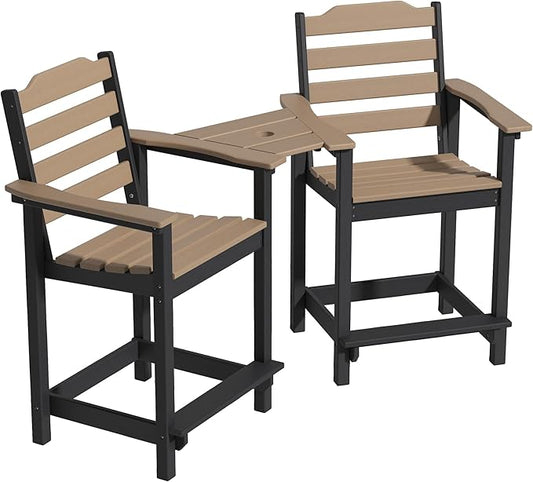 OTSUN Tall Adirondack Chairs Set of 2 with Connecting Tray, 24 inches HDPE Bar Height Outdoor Chairs, All Weather Resistant for Balcony, Porch, Kitchen (2 PCS, Black&Brown)