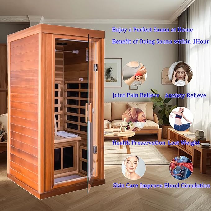 Red Cedar Personal Far Infrared Indoor Sauna Room, Indoor Sauna for Home Spa with Door Heating, 1350w, 8 Heating Plates, Bluetooth Speaker, Reading Lamp, Toughened Glass Door.