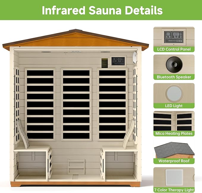 Springspa Outdoor Sauna 4 Person, Infrared Sauna for Home, Wooden Outdoor Saunas Room, 3400 Low EMF Far Infrared with Bluetooth, LCD Panel, 7 Color Chromotherapy Lamp, Reading Lamp