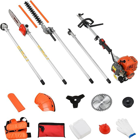 41.5cc Gas Hedge Trimmer Weed Eater 5 in 1 Multi Functional Trimming Tools Gas Weed Wacker Pole Saw for Tree Trimming Brush Cutter String Trimmer Lawn Edger