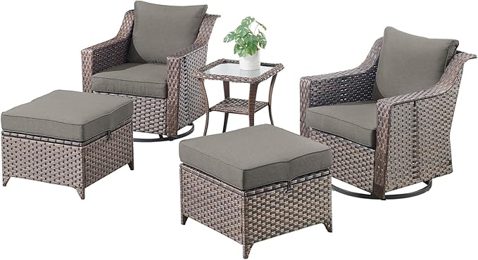 Outdoor Wicker Patio Furniture Set - 5 Piece Outside Rattan Conversation Bistro Dining Chair Sets with Rocking Swivel Chairs, Ottomans and Side Table for Porch Yard Balcony – Brown/Grey