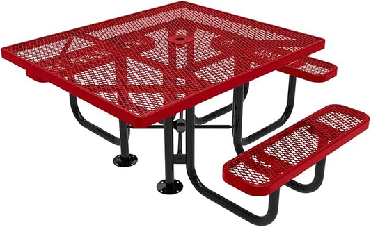 COATEDOUTDOORFURNITURE Heavy-Duty Portable ADA-Compliant Outdoor Picnic Table with Umbrella Hole, Expanded Metal Patio Dining Furniture Made in America (46" Square Top, Textured Red)