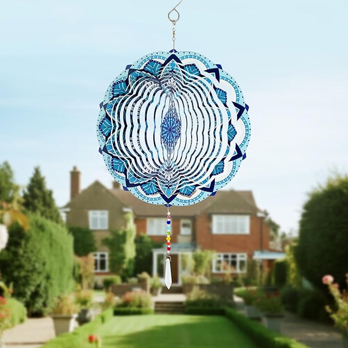 Wind Spinners Outdoor with Crystal Tail, Marzovitra Stainless Steel 3D Kinetic 10 Inch Garden Decor for Patio, Home or Yard Decorations Outdoor Hanging Yard Art, Metal Wind Sculpture (Bohemian)