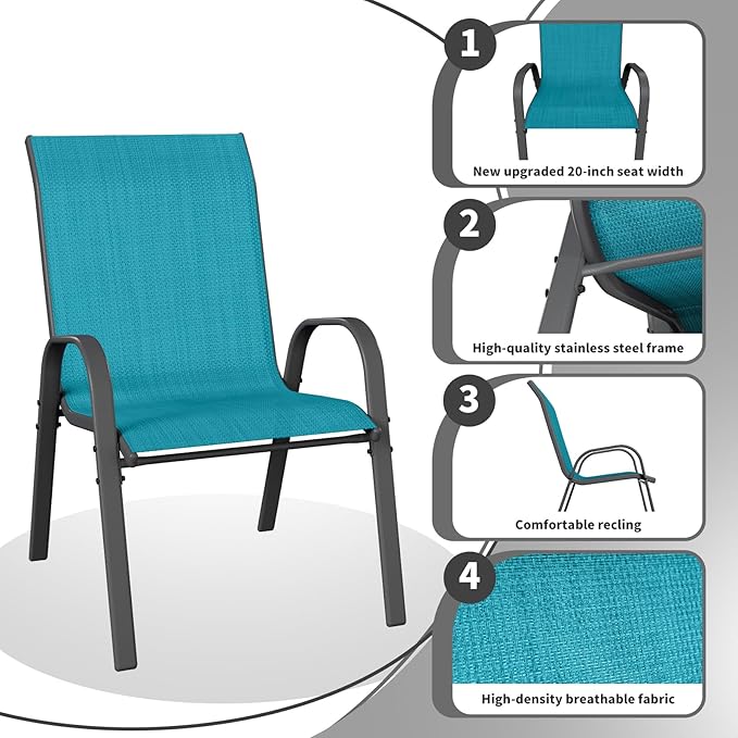 Patio Dining Chairs Set of 6, Stackable Dining Chairs High Back, Breathable Seat Fabric and Alloy Steel Frame Fit Backyard, Porch, Lawn，Poolside (Sky Blue)