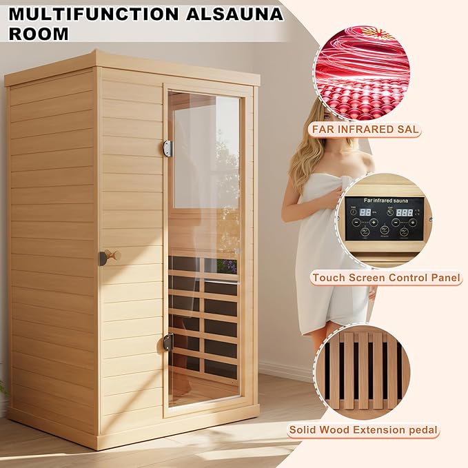 1 Person Infrared Sauna for Home, 1050W Low EMF Indoor Sauna Spa, Canadian Hemlock Home Sauna with Control Panel and Rapid Heating, Bluetooth Speaker, Right Side