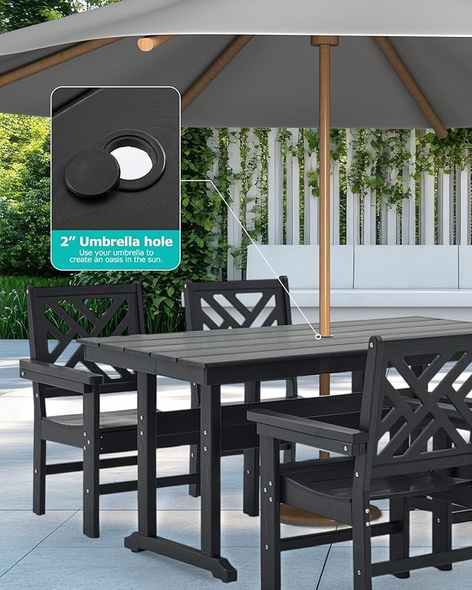5 Piece HDPE Outdoor Dining Set for 4 Patio Dining Furniture Set with Umberlla Hole, Weather Resistent Outdoor Table and Chairs for Garden, Poolside, Backyard, Deck, Black