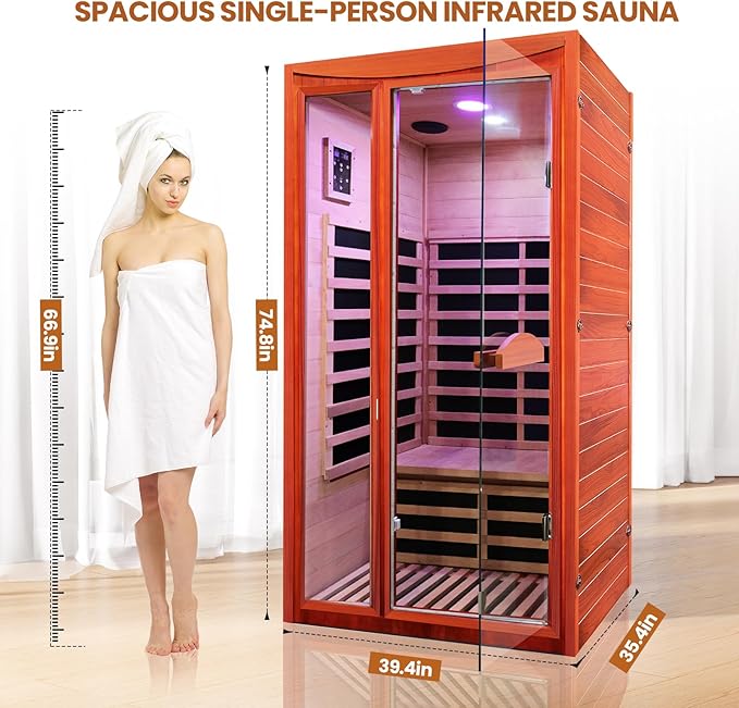 Sauna, Far Infrared Saunas for Home Room 1550W/110V Indoor Sauna for Single Person Okoume Wood Sauna Spacious 1 - 2 Person Low EMF Dry Sauna with Speakers/Air Hole and Color Lighting 39.4*35.4*74.8 IN