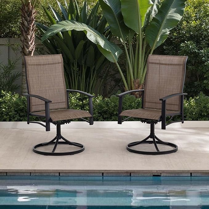 Patio Swivel Chairs Set of 2, Outdoor Swivel Chairs with Armrest, High Back Patio Chair with Metal Frame, All-Weather Outdoor Dining Chair for Deck, Porch and Lawn, Mocha