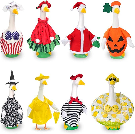 8 Sets Seasonal Holiday Porch Goose Outfits Summer Outfits Fall Halloween Christmas Birthday All Seasons Garden Goose Clothes for 23" Cement Statue Lawn Patio Outdoor Decoration(Classic Style)