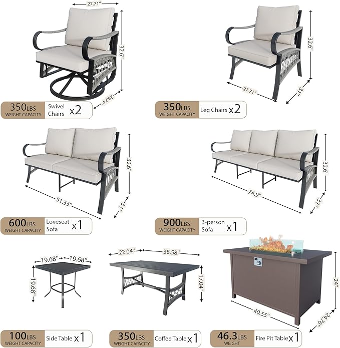 9 Pieces Outdoor Patio Conversation Sets with All Weather Cushions, Metal 3-Seater, 2 Swivel Rockers, 2 Single Chairs, 1 Loveseat, 1 Side Tables, 1 Coffee Table, 1 Fire Pit Table, Beige