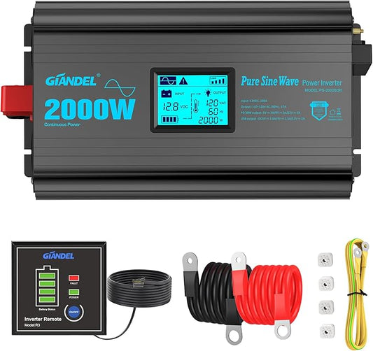 2000 Watt Pure Sine Wave Power Inverter 2000W 12V DC to 120 V AC Lithium Battery Compatible for RVs Off Grid Solar Boat Camper Starlinks System with 20Amps Hardwire Block and USB-C PD30W by GIANDEL
