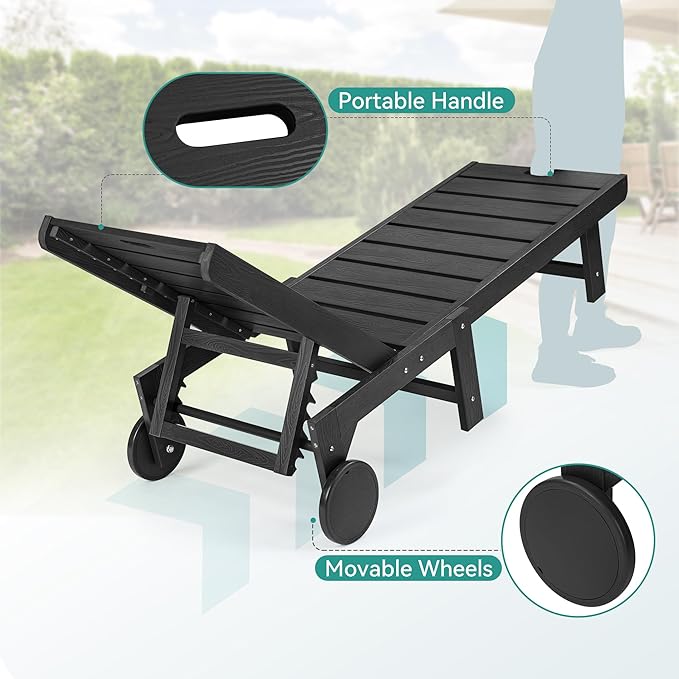 Outdoor Chaise Lounge Chairs, 26.8” Super Wide Lounge Chair Outdoor, HDPS Pool Chairs with 5 Positions, Patio Lounge Chair with Wheels for Pool,Lawn,Backyard, Black
