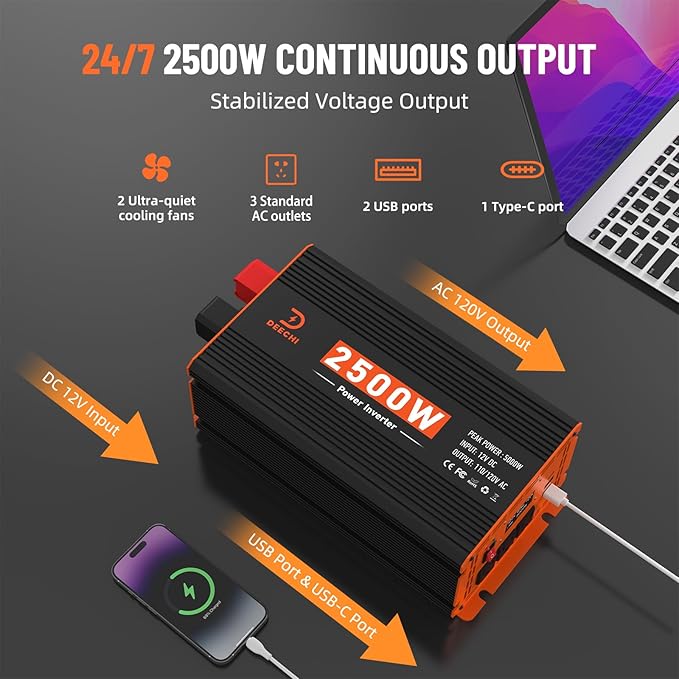 2500W Power Inverter 12V DC to 110V/120V AC Converter for RV/Truck/Boat/Camping/Off-Grid Solar Car Power Inverter Peak Power 5000W with 3 AC Outlets,USB & Type-C Port, Remote Controller & LCD Screen
