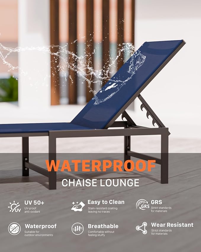 Chaise Lounge Chair Outdoor, Aluminum PatioChairs with 5 Adjustable Backrest and HeadrestPillows for Outside Beach，NavyBlue