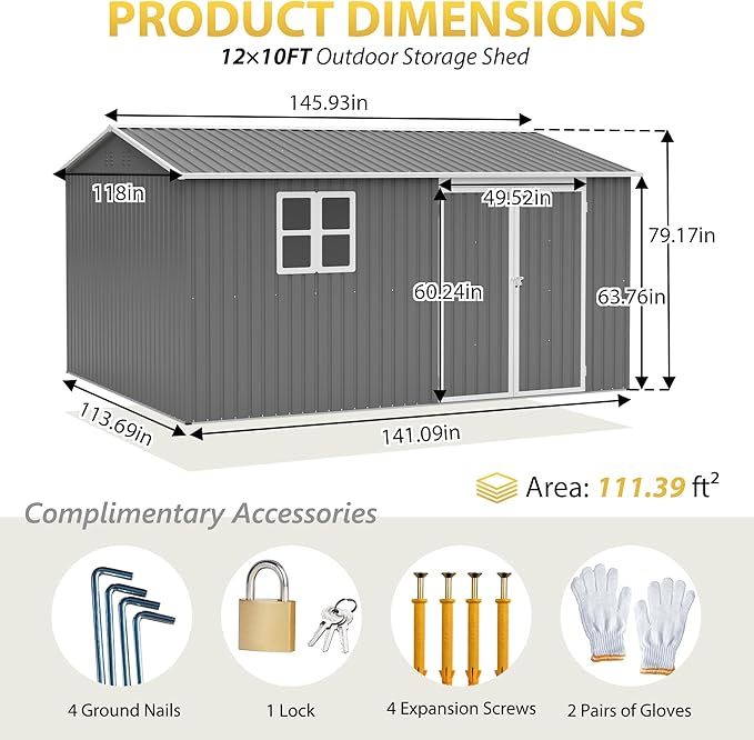 12x10 FT Shed Outdoor Storage Metal Large Garden Tool Sheds with Window Lockable Doors Sloping Roof Floor Frame Waterproof Steel Utility Equipment Shed for Backyard Patio Lawn Poolside, Grey